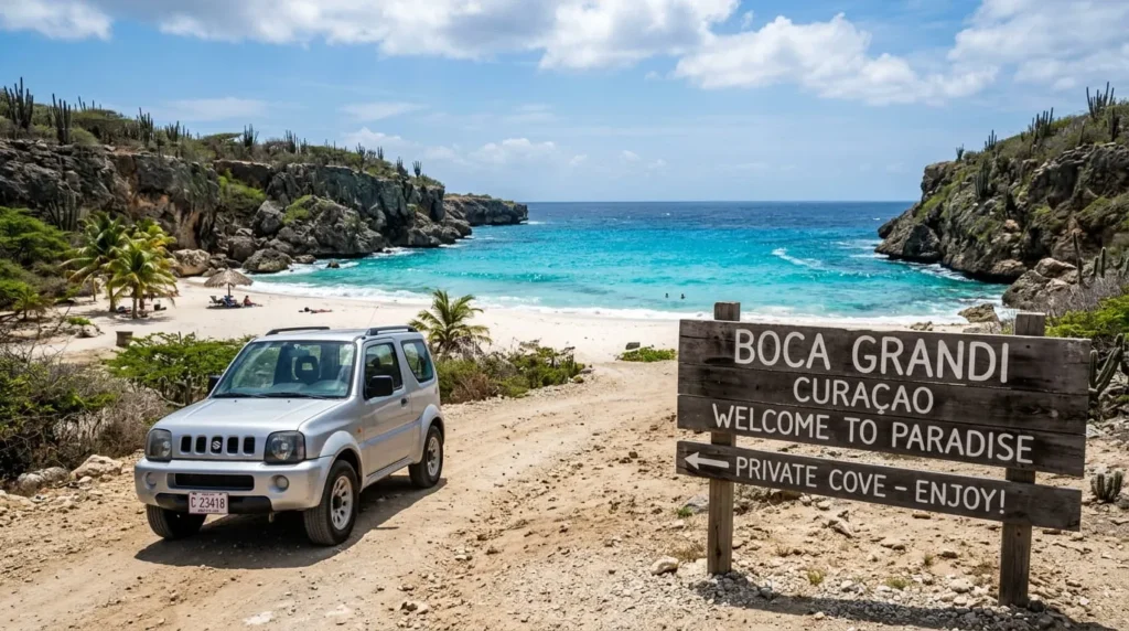 Rental car parked at a Curacao beach cove illustrating transportation and beach costs