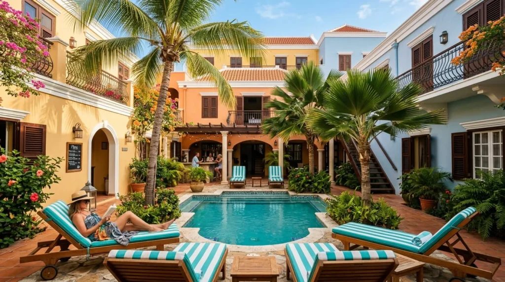 Boutique hotel courtyard showing mid-range accommodation costs when considering if Curacao is expensive
