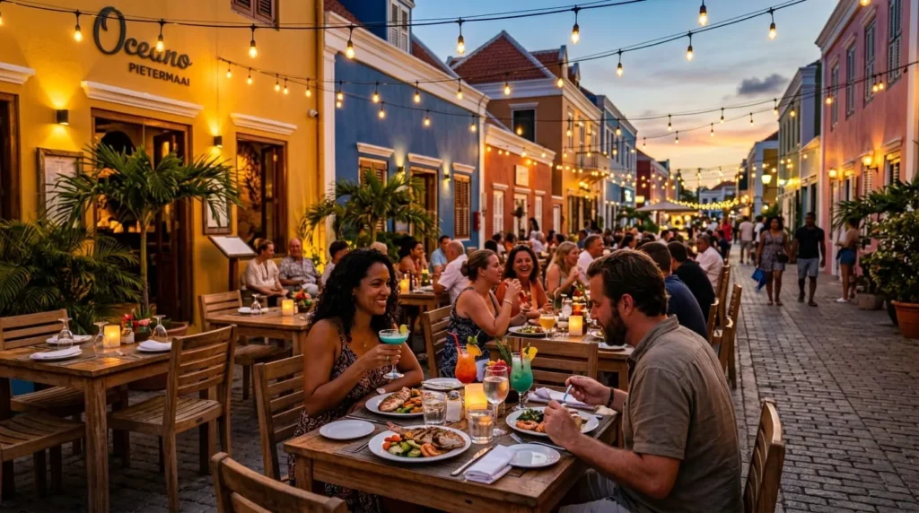 Outdoor restaurant terrace in Pietermaai showing dining costs relevant to whether Curacao is expensive