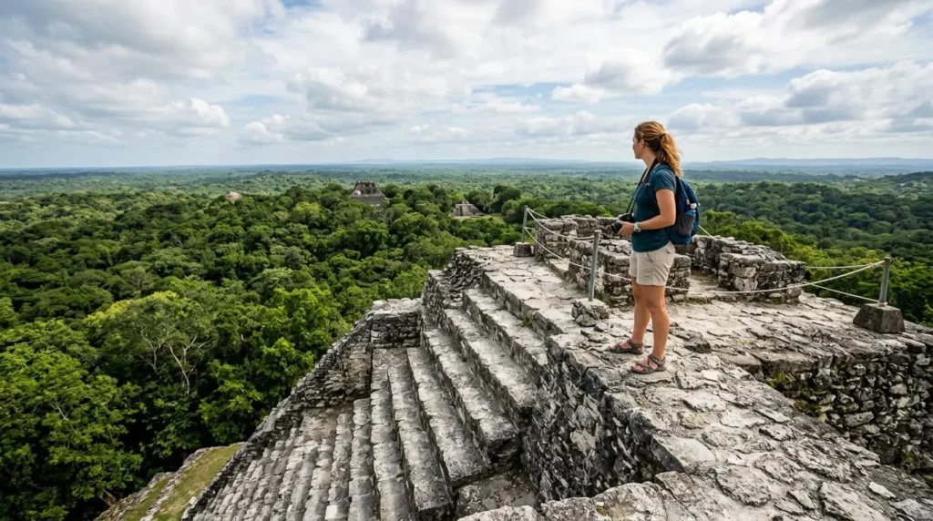 Things to do in Belize: 12 best experiences to try 3 Tourist admiring jungle views from a pyramid, a classic pick among things to do in Belize