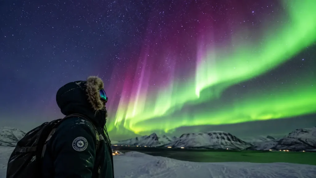 Best Places to See Northern Lights in 2026 2 Person bundled in winter clothing watching the northern lights, illustrating the best places to see northern lights