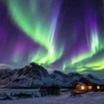 Image Title: Best Places to See Northern Lights Above Snowy Mountains Alt Text: Northern lights glowing green over a snowy mountain landscape, one of the best places to see northern lights