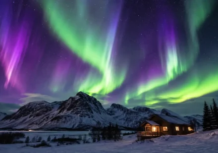 Image Title: Best Places to See Northern Lights Above Snowy Mountains Alt Text: Northern lights glowing green over a snowy mountain landscape, one of the best places to see northern lights