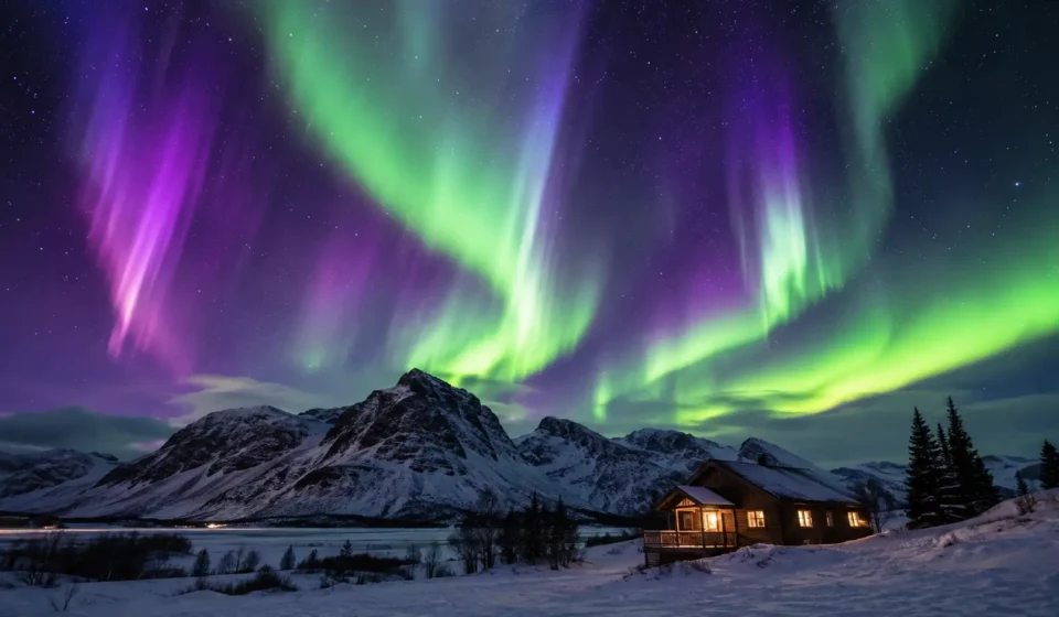 Best Places to See Northern Lights in 2026 Image Title: Best Places to See Northern Lights Above Snowy Mountains Alt Text: Northern lights glowing green over a snowy mountain landscape, one of the best places to see northern lights