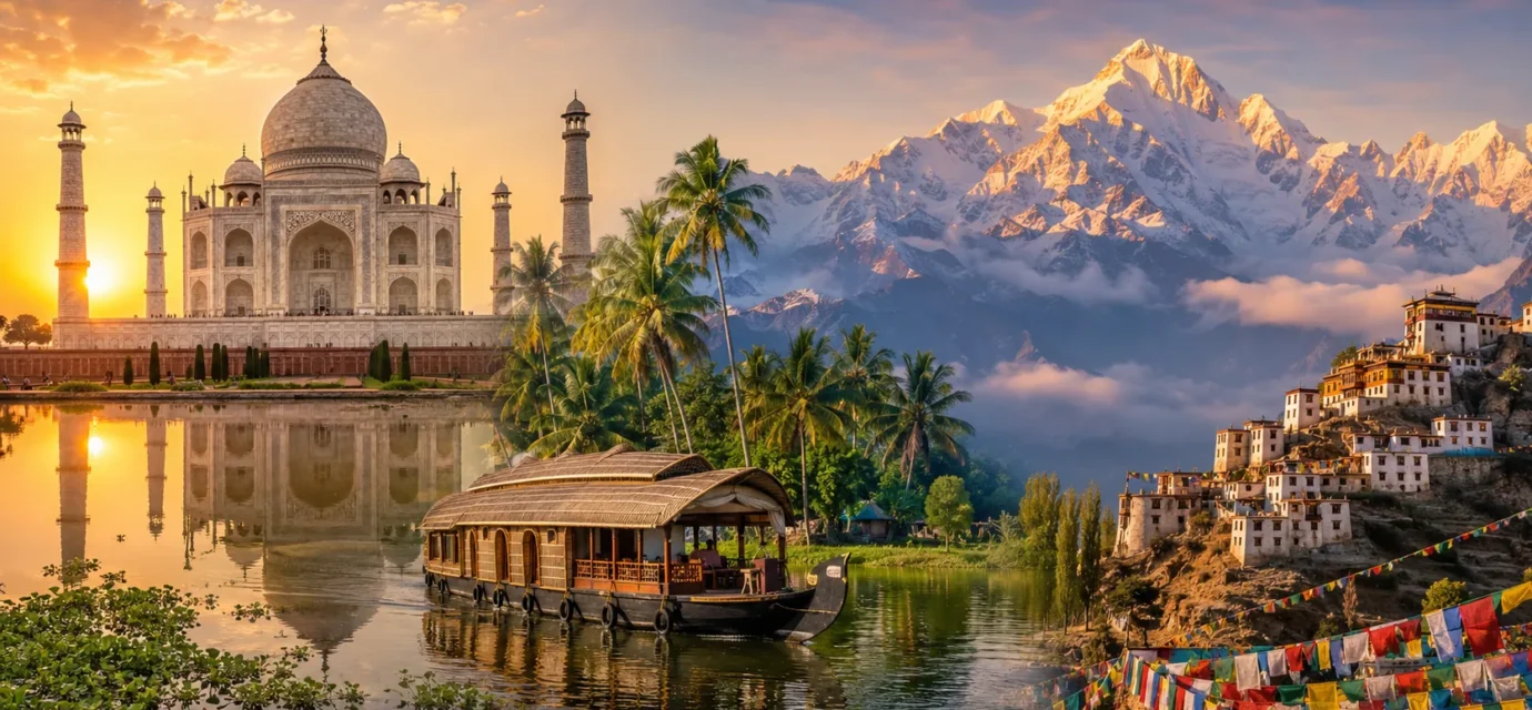 Best Places to Visit in India: Complete 2026 Guide 52 Collage of best places to visit in India including Taj Mahal, Kerala backwaters and Himalayas