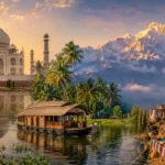 Collage of best places to visit in India including Taj Mahal, Kerala backwaters and Himalayas