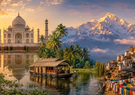 Collage of best places to visit in India including Taj Mahal, Kerala backwaters and Himalayas