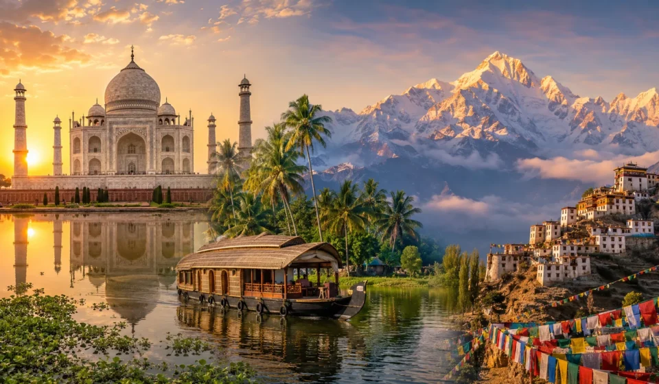 Collage of best places to visit in India including Taj Mahal, Kerala backwaters and Himalayas