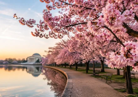 Pink cherry blossom trees in full bloom along a scenic walking path, one of the best places to see cherry blossoms in the USA