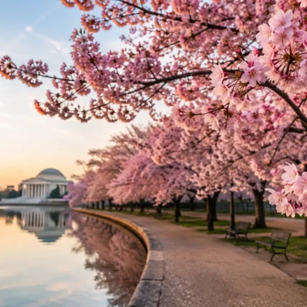 Best Places to See Cherry Blossoms in the USA 66 Pink cherry blossom trees in full bloom along a scenic walking path, one of the best places to see cherry blossoms in the USA