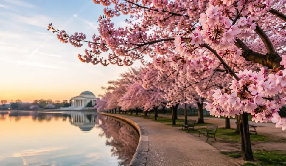 Best Places to See Cherry Blossoms in the USA Pink cherry blossom trees in full bloom along a scenic walking path, one of the best places to see cherry blossoms in the USA