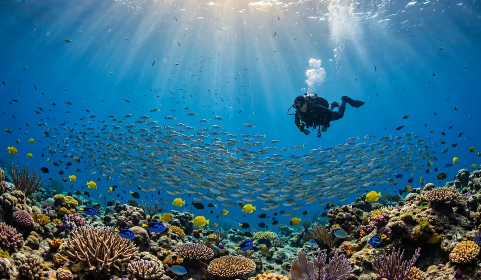 Scuba diver swimming over a coral reef at one of the best places to scuba dive