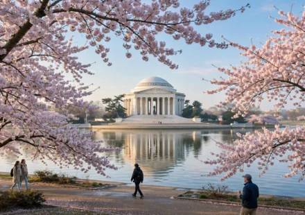 Cherry blossoms framing the Jefferson Memorial at the Tidal Basin in Washington DC, one of the best places to see cherry blossoms in the USA.