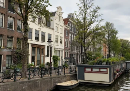 Amsterdam travel view of canal houses and parked bikes