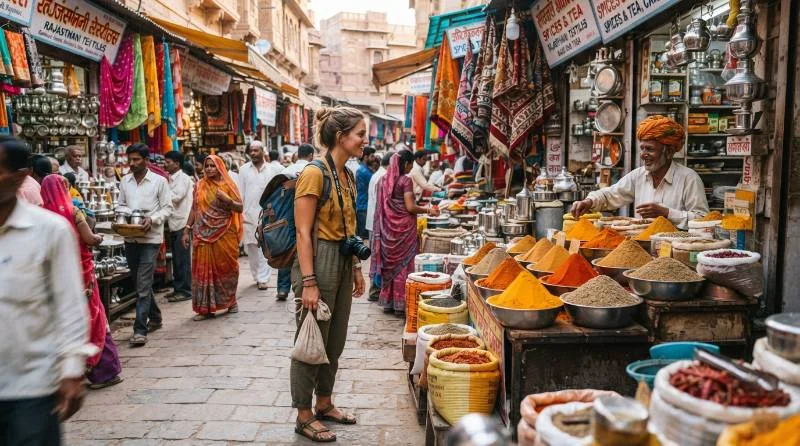 Traveler exploring a local market, capturing the best places to visit in India