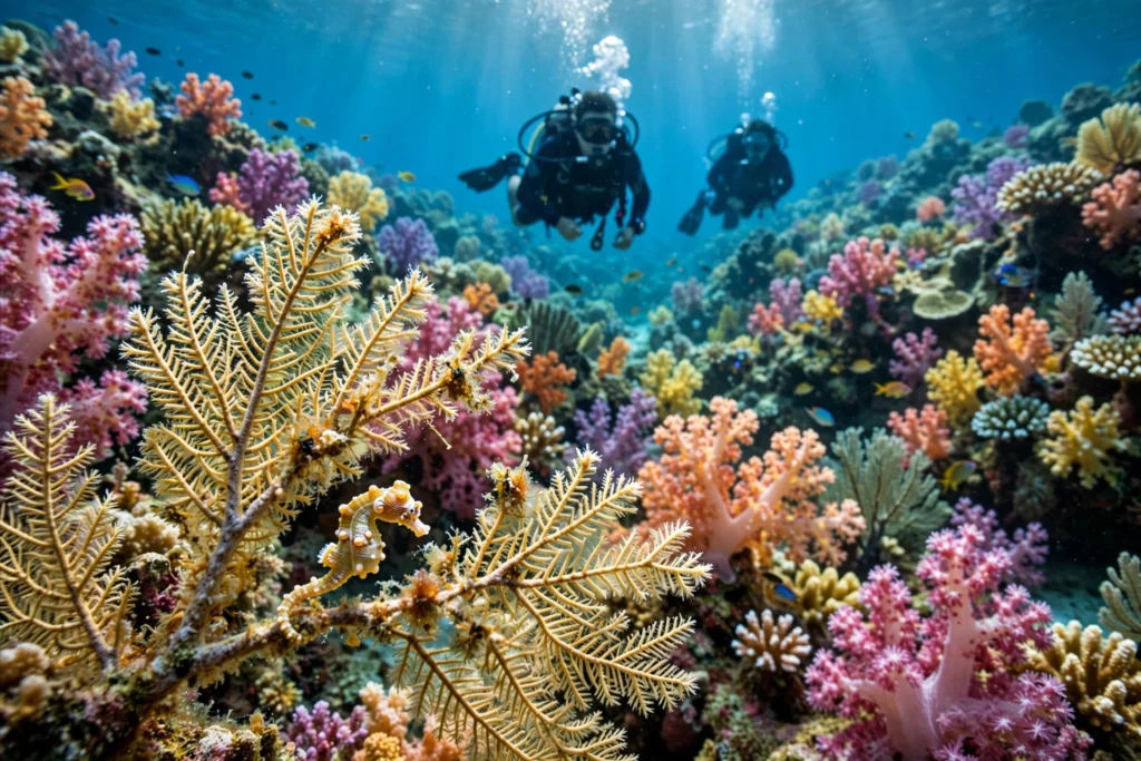 Best Places to Scuba Dive Right Now 1 Divers exploring coral gardens in Raja Ampat, Indonesia