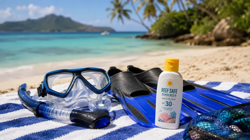 Snorkeling gear including mask, fins, and reef-safe sunscreen for the best places to snorkel in the USA