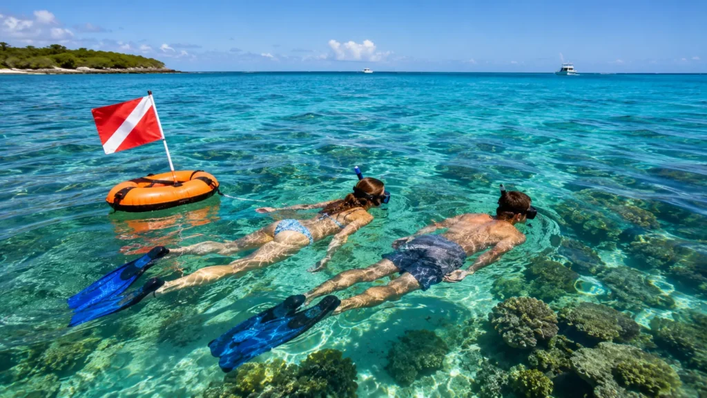 Snorkelers using a dive flag for safety at one of the best places to snorkel in the USA