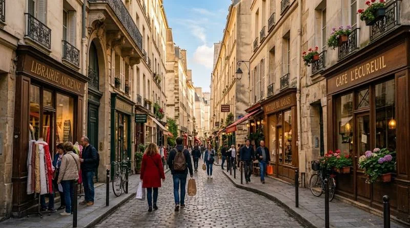Le Marais street near some of the best hostels in Paris for a central, historic base