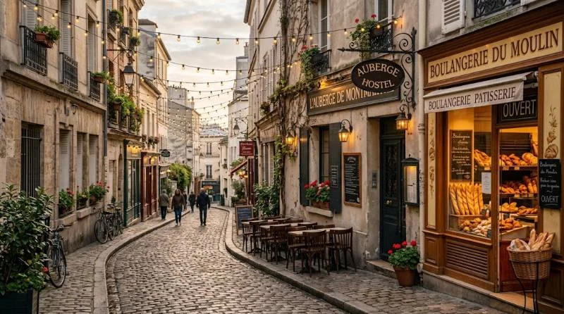 Cobblestone Montmartre street near one of the best hostels in Paris for backpackers and families