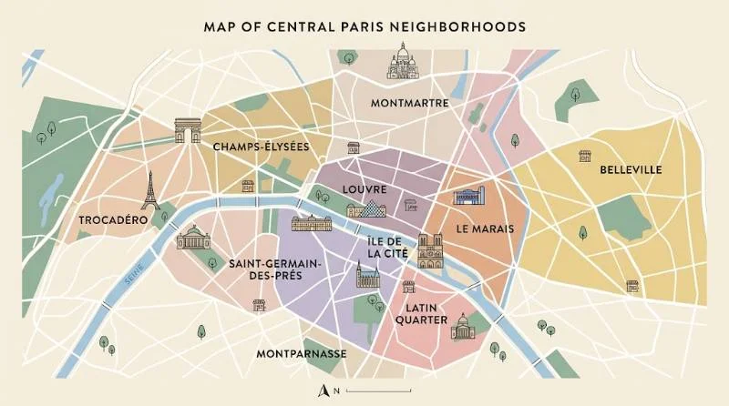 Map highlighting neighborhoods near the best hostels in Paris