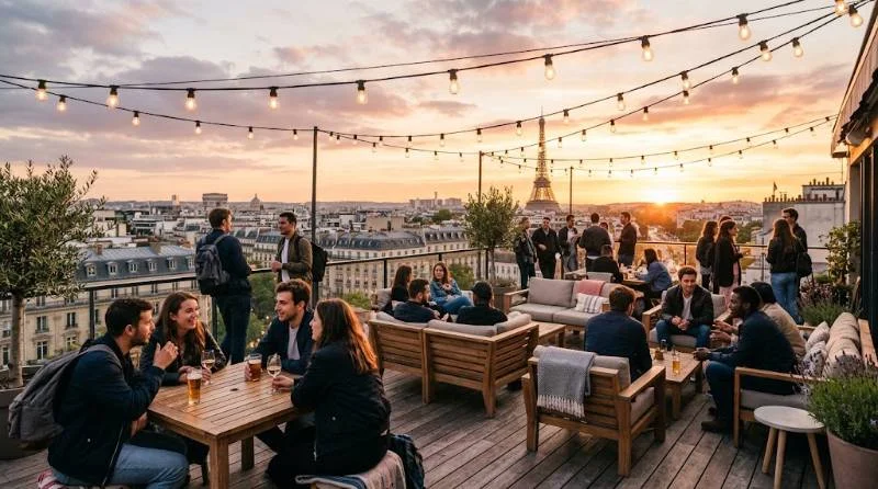 Travelers relaxing on a rooftop terrace at one of the best hostels in Paris with the Eiffel Tower visible