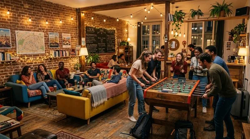 Travelers socializing in the common room of one of the best party hostels in Paris