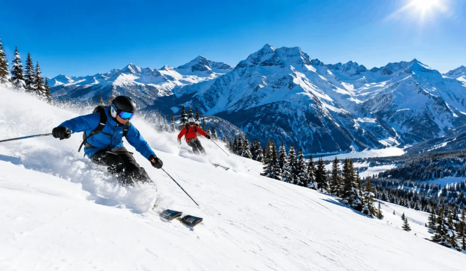 Skiers descending a snowy alpine slope, one of the best places to go skiing worldwide