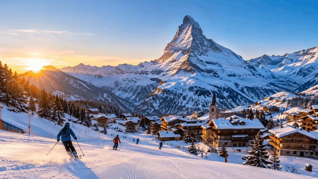 Skiers below the Matterhorn, one of the best places to go skiing in the Alps