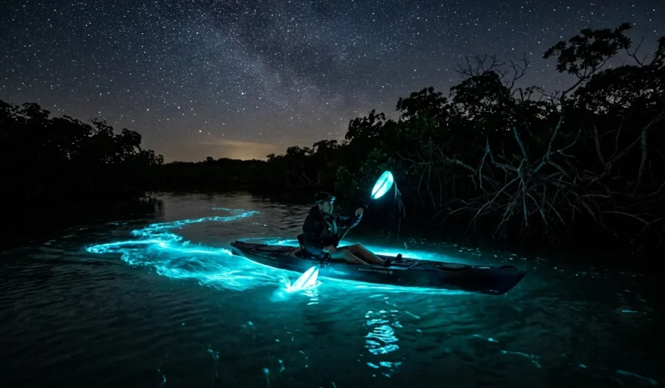 person kayaking through water showing bioluminescence at night