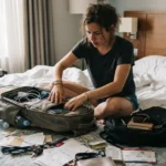 traveler searching bag after losing passport