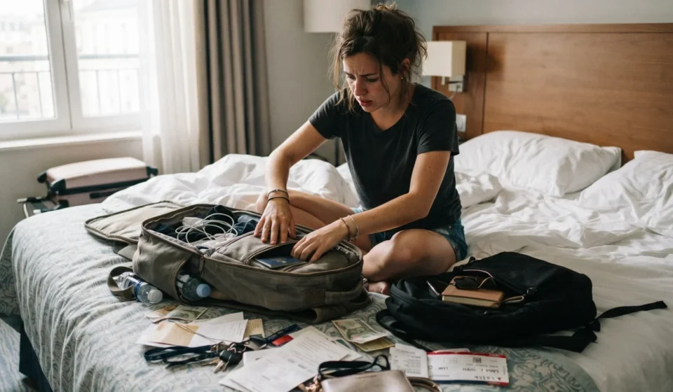traveler searching bag after losing passport