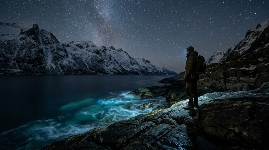 Best Places to See Bioluminescence Around the World 3 bioluminescence glowing in a Norwegian fjord at night