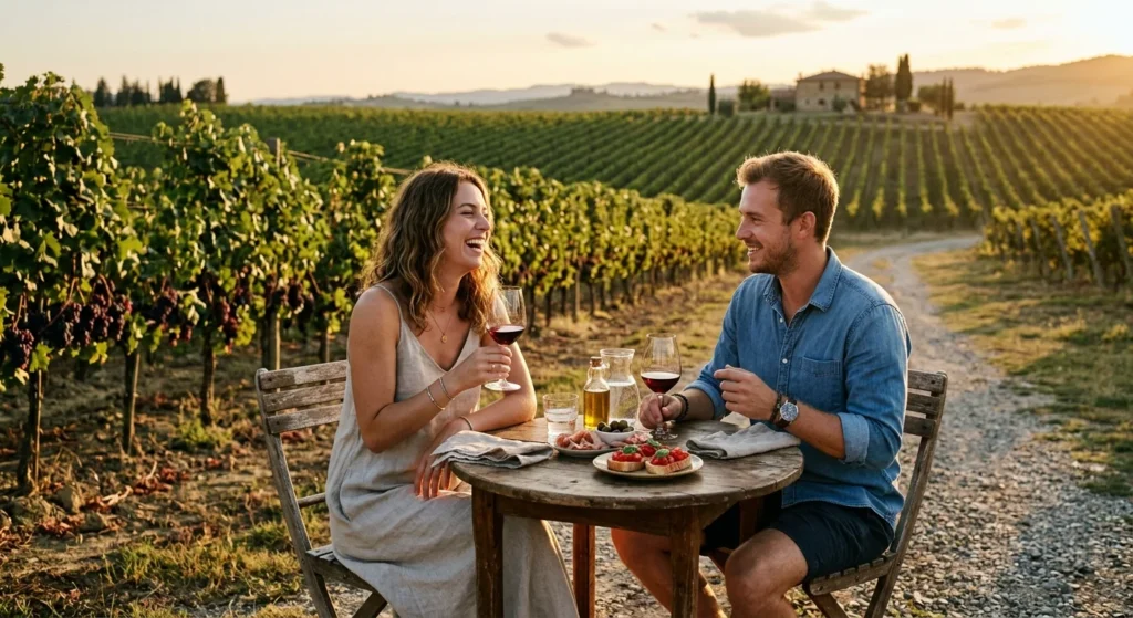 Best Honeymoon Destinations for Every Kind of Couple 2 Couple enjoying a vineyard lunch at one of the best honeymoon destinations in Italy