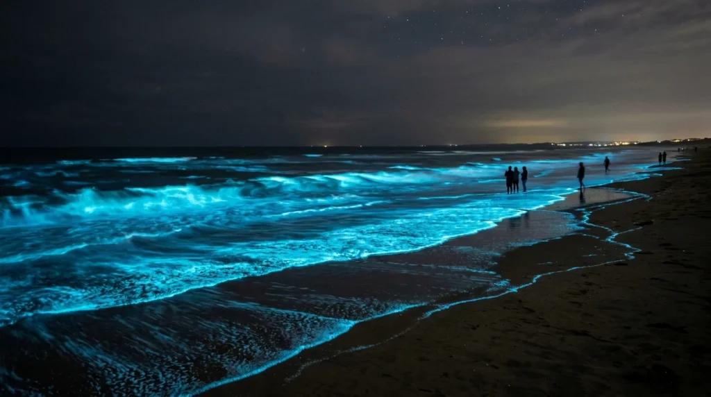 Best Places to See Bioluminescence Around the World 2 glowing bioluminescent waves on a California beach at night