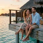 Couple relaxing at one of the best honeymoon destinations during sunset