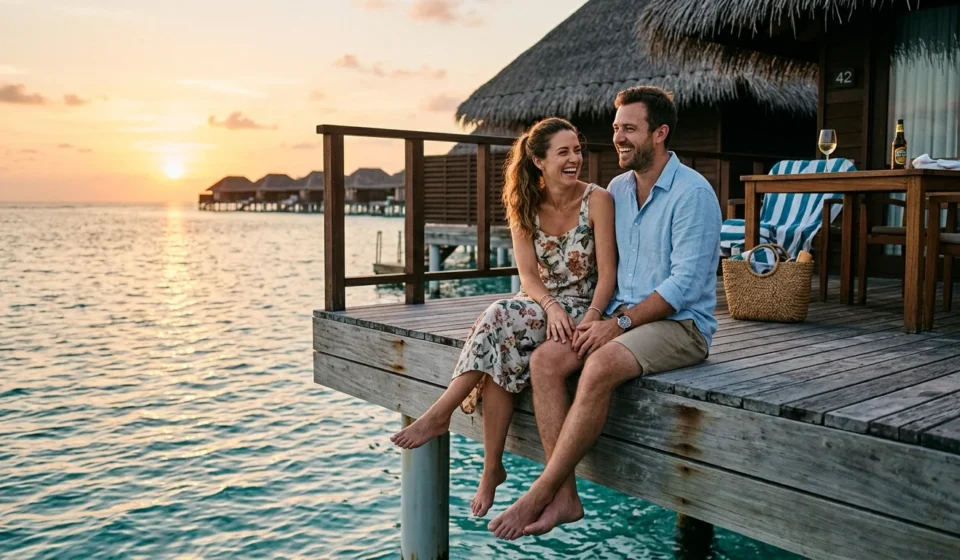 Couple relaxing at one of the best honeymoon destinations during sunset