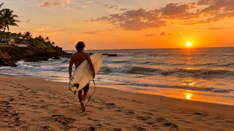 Surfer at sunset in Rincón, one of the best things to do in Puerto Rico