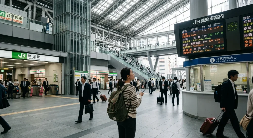 Traveler at Osaka Station in Umeda planning where to stay in Osaka for day trips