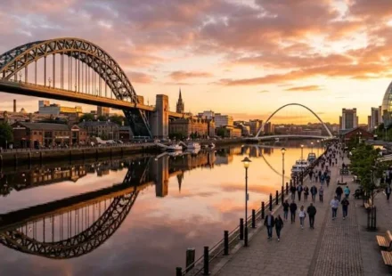 View of the Tyne Bridge and Quayside at sunset, a top spot for what to do in Newcastle