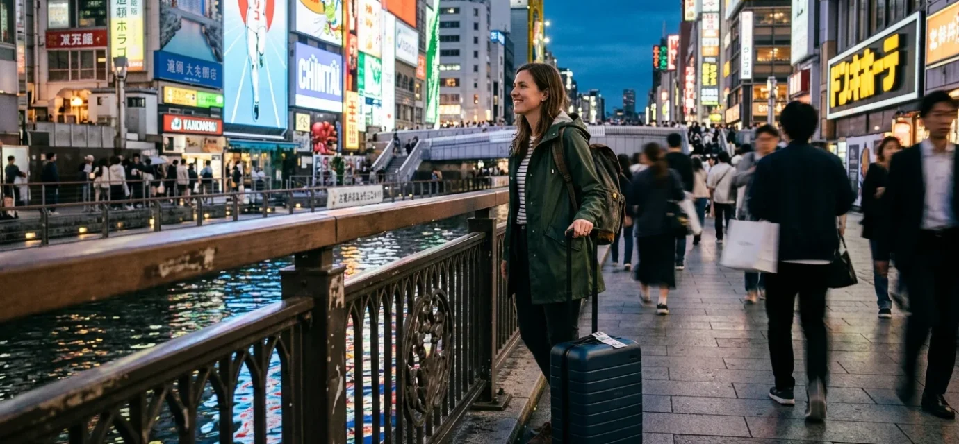 Traveler at the Dotonbori canal deciding where to stay in Osaka