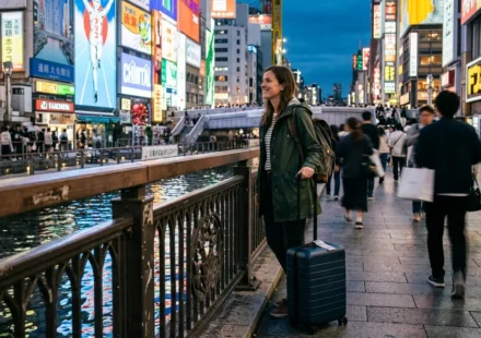 Traveler at the Dotonbori canal deciding where to stay in Osaka