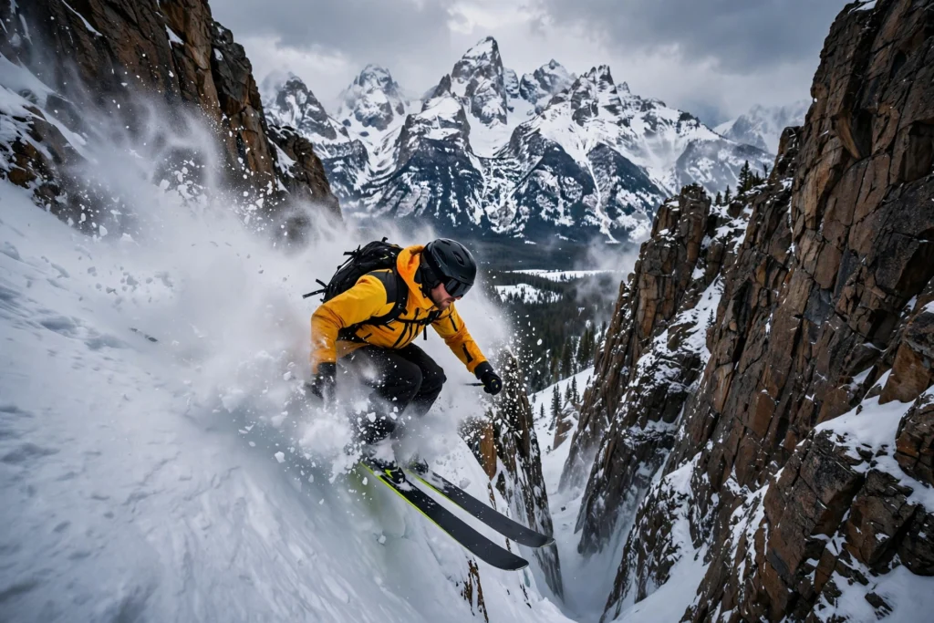 The Best Places to Go Skiing Around the World 1 Expert skier dropping into a steep chute at Jackson Hole, one of the best places to go skiing for advanced terrain.
