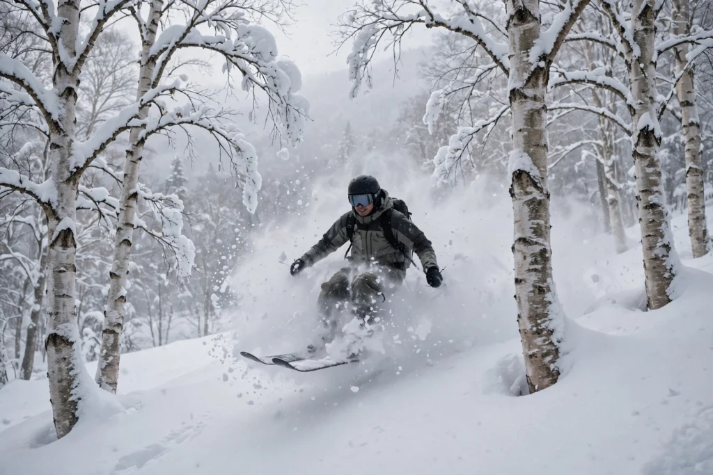 The Best Places to Go Skiing Around the World 2 Skier floating through deep powder in Niseko, Japan, one of the best places to go skiing for snow quality.