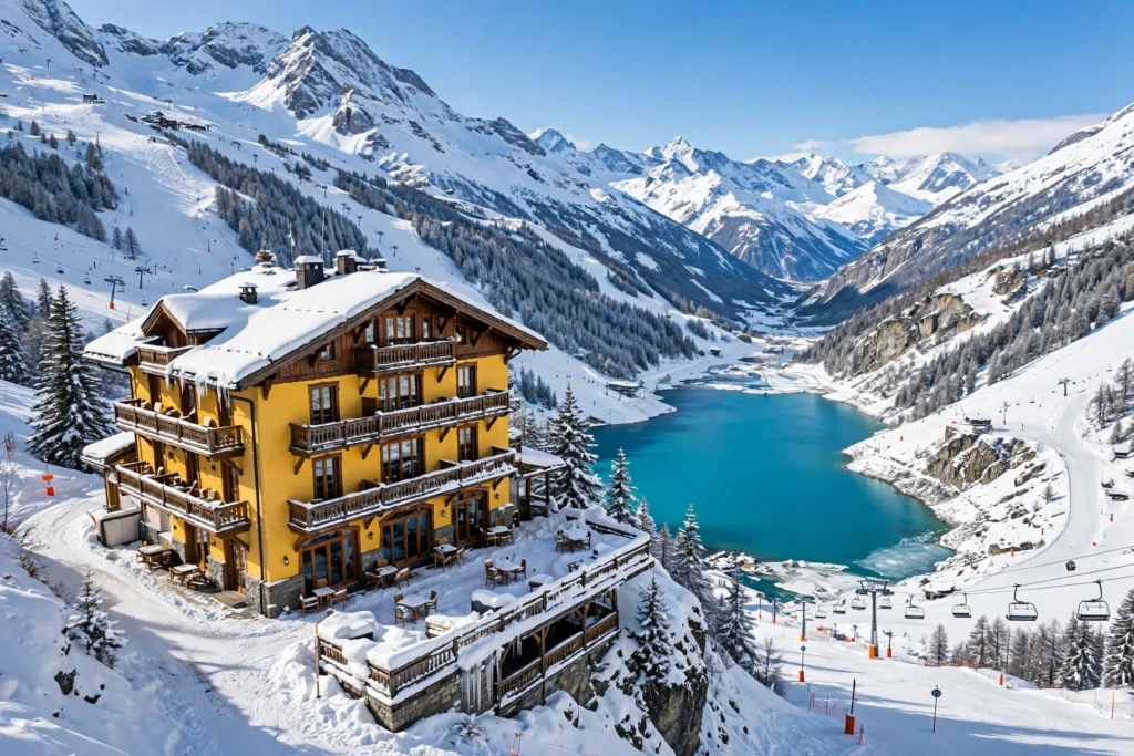 The Best Places to Go Skiing Around the World 3 The yellow Hotel Portillo above Laguna del Inca, one of the best places to go skiing in the Southern Hemisphere.
