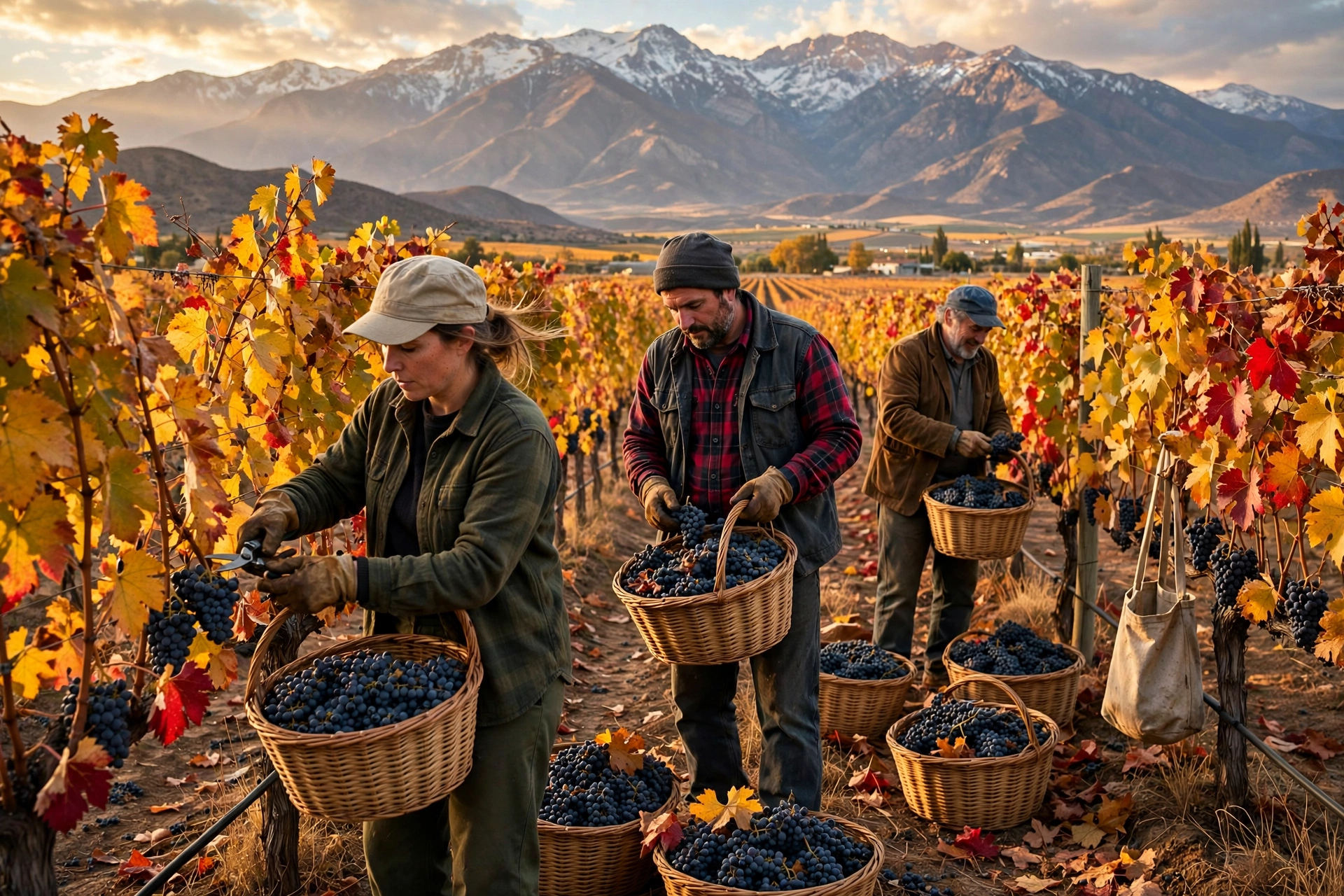 Best Time to Visit Argentina: A Season-by-Season Guide 1 Workers harvesting grapes in Mendoza vineyards during autumn, the best time to visit Argentina for wine.