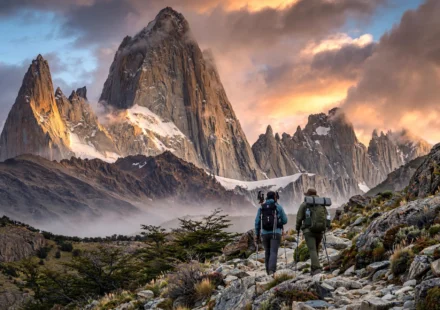 Mount Fitz Roy at sunrise above a Patagonia hiking trail, the best season for trekking in Argentina.