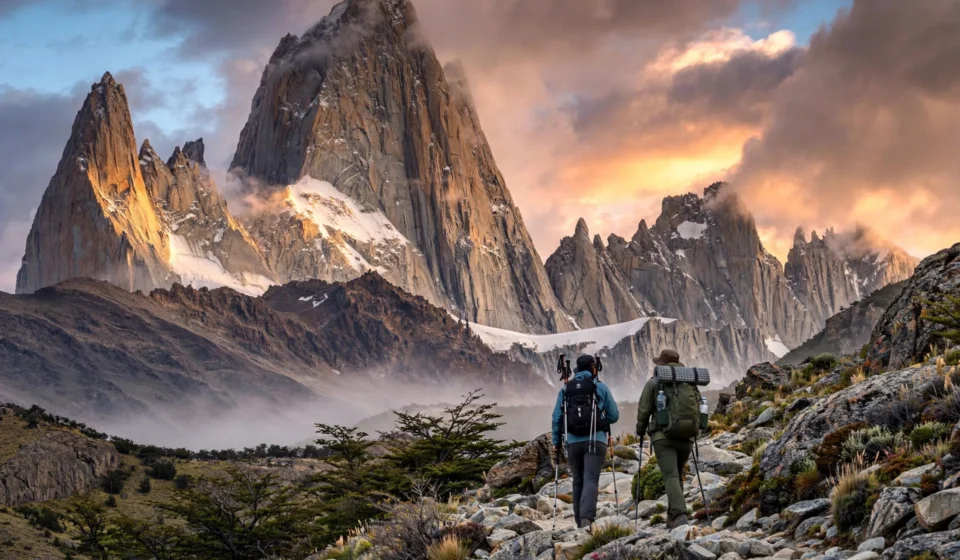 Mount Fitz Roy at sunrise above a Patagonia hiking trail, the best season for trekking in Argentina.