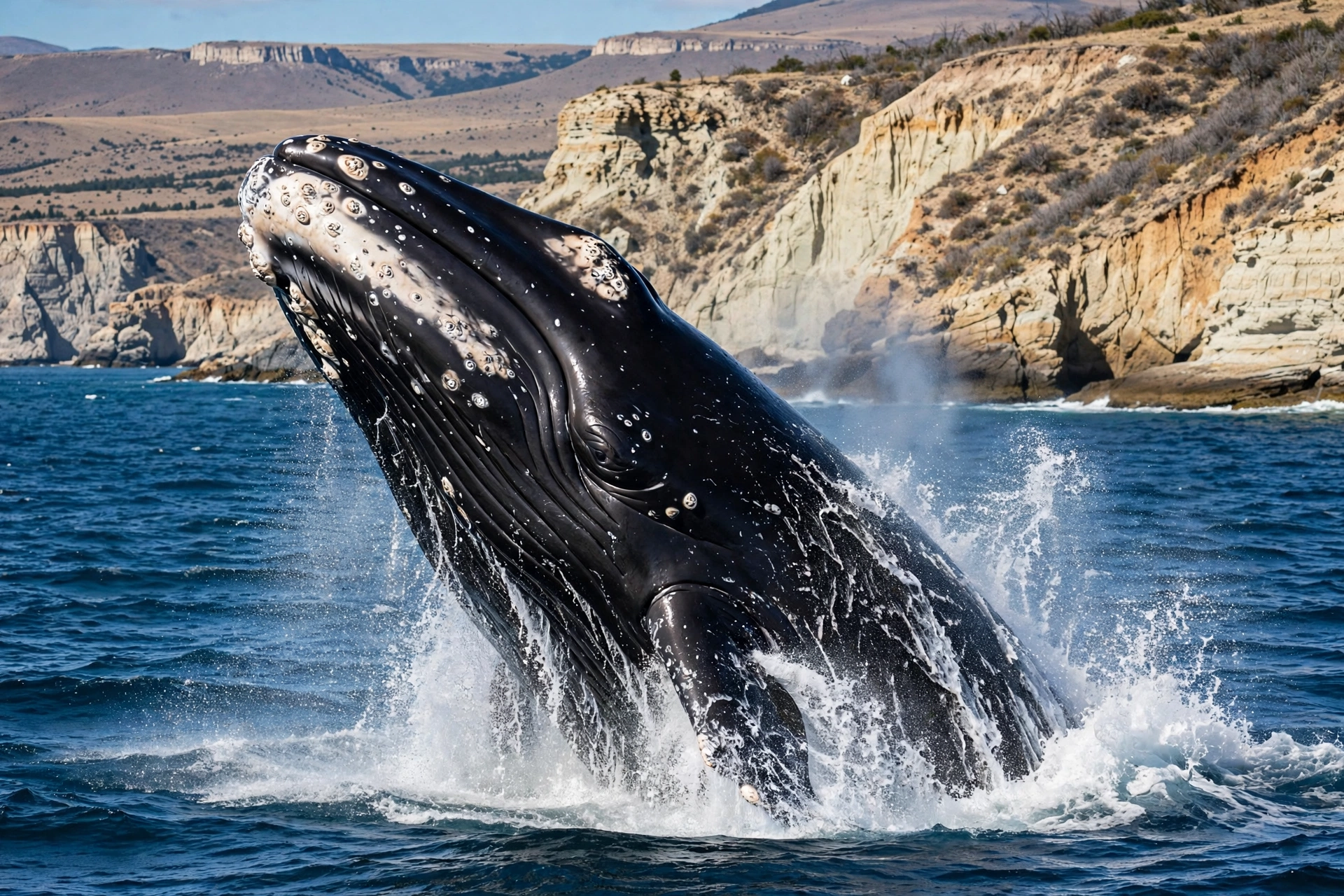 Best Time to Visit Argentina: A Season-by-Season Guide 2 Southern right whale breaching off Peninsula Valdes during whale watching season in Argentina.
