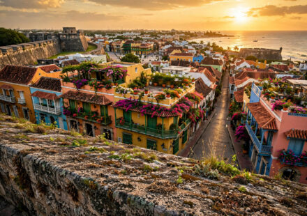 Walled city of Cartagena at sunset, Colombia.